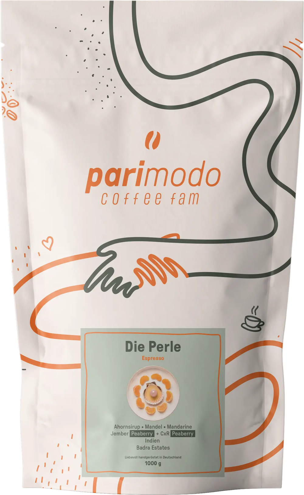 Kaffee-Packung der Sorte "Die Perle" von der Kaffeerösterei parimodo aus Köln.